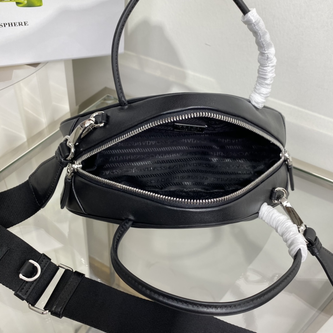 Prada Triangle Leather Shoulder Bag Tote Black 1BB082